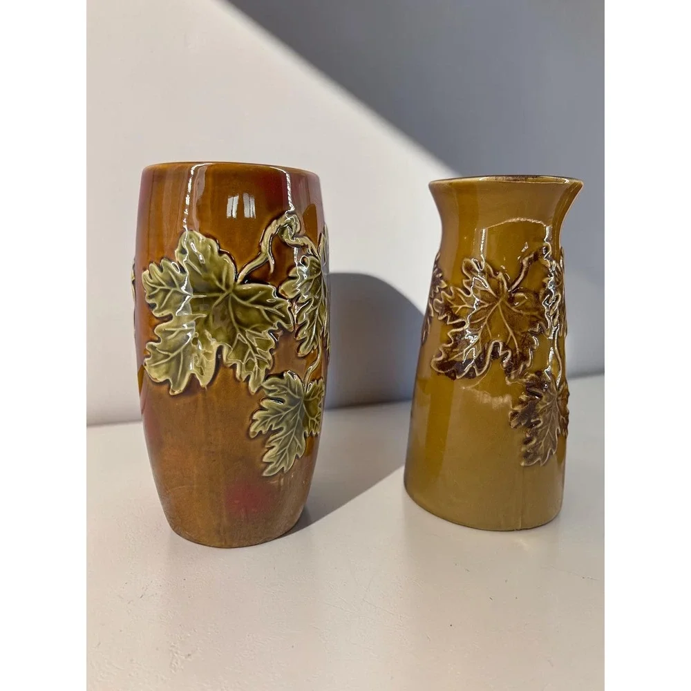Vintage Circa 1970s Leaf Vase Set Woodland Art Pottery Brown Olive Rustic Decor